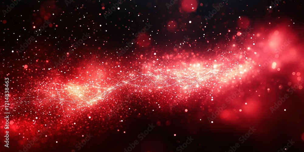 Poster vibrant cosmic red light particles swirling through a dark universe backdrop creating a mesmerizing 