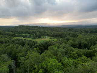 view of catskill mountains at sunset (wide angle aerial mountain vista in catskills hudson valley...
