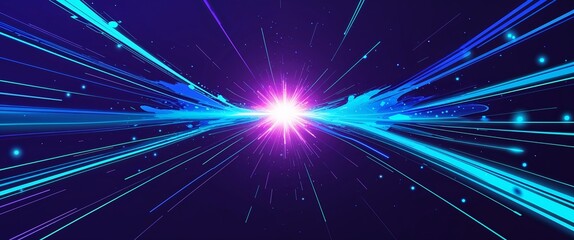 Intense blue and turquoise light streaks pulsing from a glowing core dark violet backdrop illustration background design