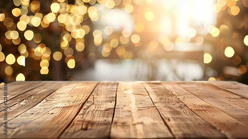 Poster empty wooden table top with golden bokeh lights background for display or montage products.