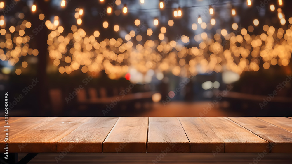 Poster empty wooden table top with blurred string lights background at night