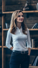 Fototapeta premium Confident Woman Stands with Hands in Pockets in a Library Setting