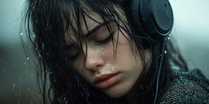 A close-up of a young woman with wet hair and headphones, surrounded by rain. This image conveys solitude, music immersion, and emotional depth. Ideal for lifestyle and music themes.