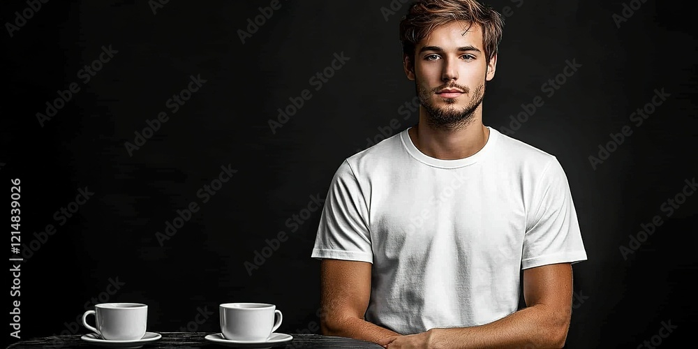 Poster young man posing with two cups against a dark background in a minimalistic setting during an indoor 