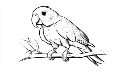 Fototapeta premium Chirping Parrot Sitting on Tree Branch Coloring Page for Adults and Kids