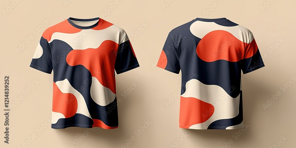 Poster colorful abstract patterned t-shirt showcased in a simple studio setting with neutral background