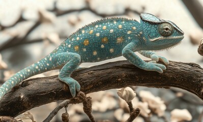 Vibrant Blue Chameleon Climbing on a Branch Surrounded by Soft Blossoms, Showcasing Nature's Beauty and Colorful Wildlife in a Tranquil Environment