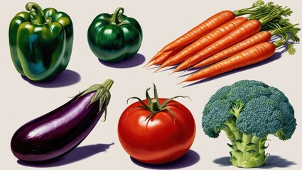 Vibrant Still Life Fresh Carrots Peppers Eggplant Tomato Broccoli