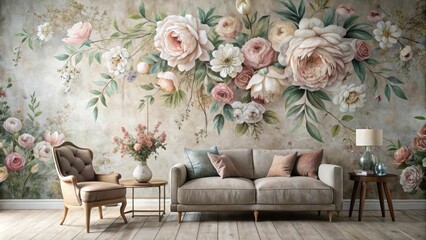 Elegant Floral Wall Mural in Distressed Finishes, decorative wall