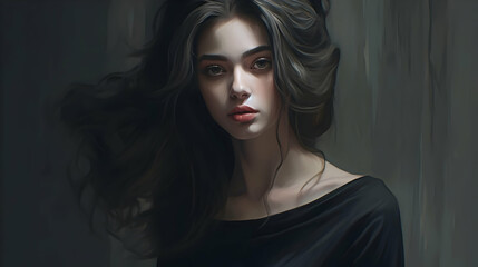 Fototapeta premium Portrait of a Woman with Flowing Hair Gazing Serenely in a Dimly Lit Room, Dark and Moody