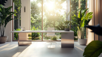 Elegant white office with a steel-and-glass desk, large windows for natural light, minimal decor, and green plants for a fresh and modern aesthetic