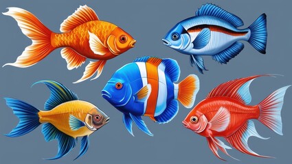 Naklejka premium Vibrant Collection of Colorful Tropical Fish Aquarium Underwater Life Marine Wildlife Illustration