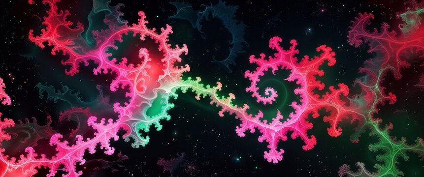 Fototapeta Multicolored fractals in glowing neon shades of red pink and green floating across a black cosmic canvas illustration background design