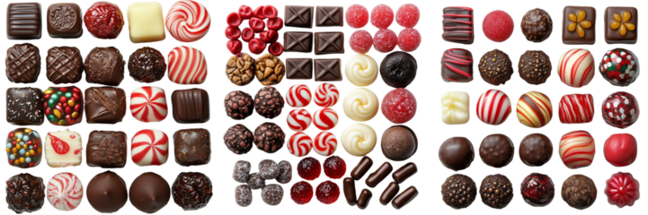Assorted gourmet chocolates and candies , isolated on white or transparent background.