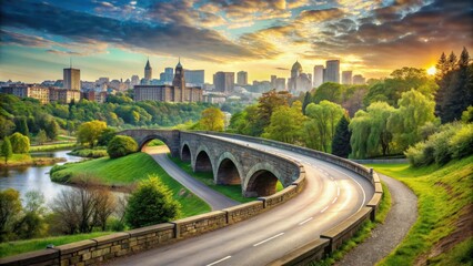 Fototapeta premium A scenic landscape with a winding road leading to a modern cityscape and an old stone bridge in the background, old bridge, landscape