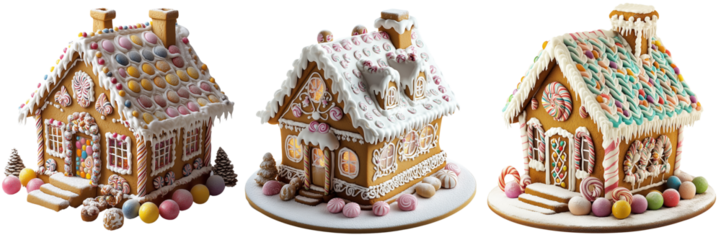 Festive gingerbread houses adorned with colorful decorations, isolated on white or transparent background.
