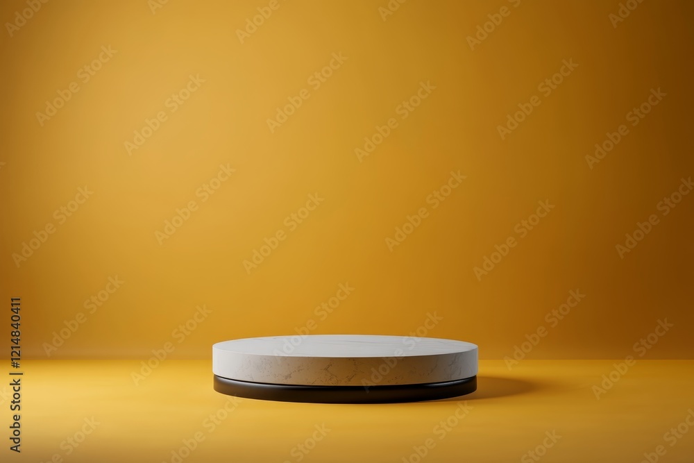 Poster minimalist round display stand on an orange background for showcasing products and decorations in a 