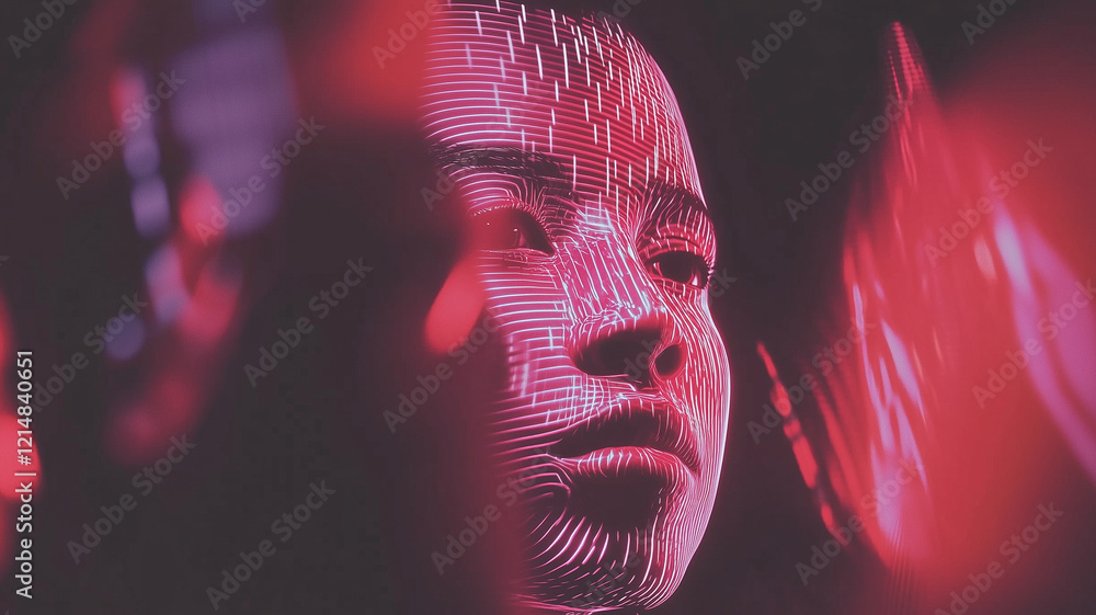 Aufkleber close up of person face illuminated with red light, showcasing digital patterns and technology. imag
