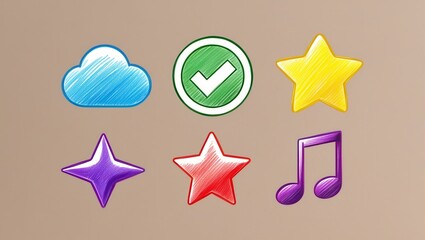 Colorful Hand Drawn App Icons Cloud Check Mark Stars Music Notes
