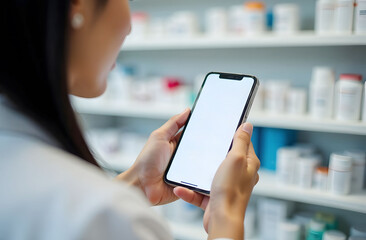 Pharmacist Holds Phone in Pharmacy. A pharmacist holds a phone with a blank screen in a pharmacy. The background shows medicine shelves. The style is modern with a focus on technology use.
