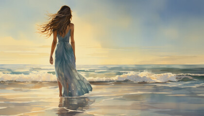 Fototapeta premium Woman in a long dress walking barefoot on the beach. Watercolor illustration.