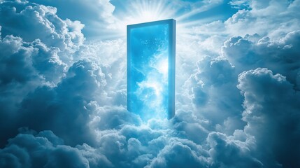Ethereal Doorway in Clouds with Radiant Light and Celestial Atmosphere