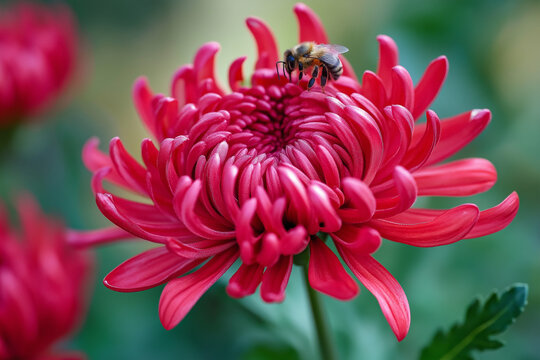 Close up of bee pollination on red chrysanthemum flower