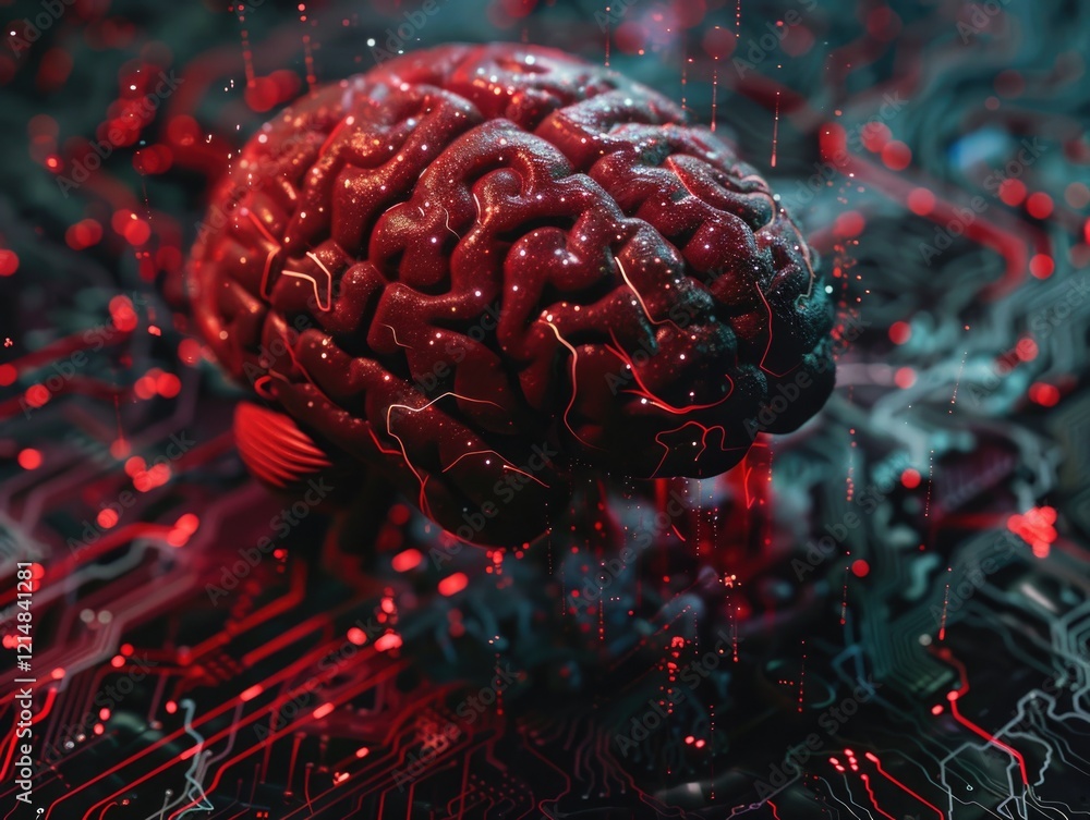 Poster close-up image of human brain with red circuitry and connectors, possibly representing advanced tech
