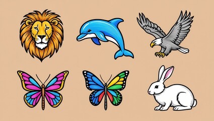 Obraz premium Colorful Animal Illustrations Lion Dolphin Eagle Butterflies Rabbit