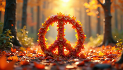 Peace symbol made of autumn leaves for World Peace Day articles and peaceful campaigns