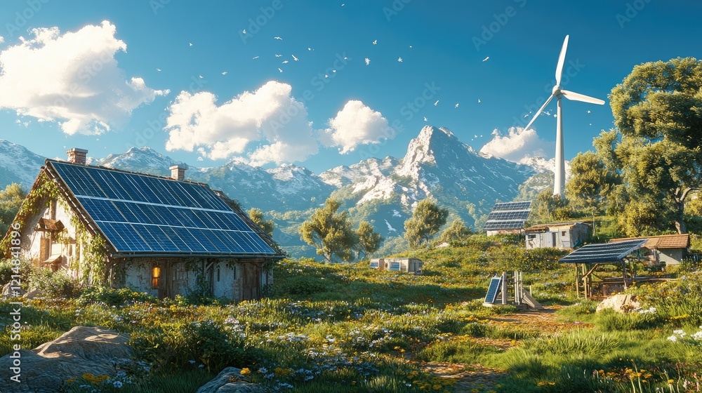 Poster a sustainable hybrid power setup featuring solar arrays and turbines in a tranquil countryside with 