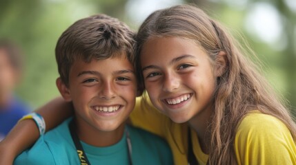 Fototapeta premium Two smiling children enjoying a joyful moment together.