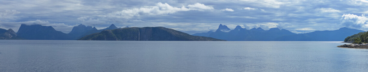 Panoramic view of the coast at Bognes in Nordland county, Norway, Europe
