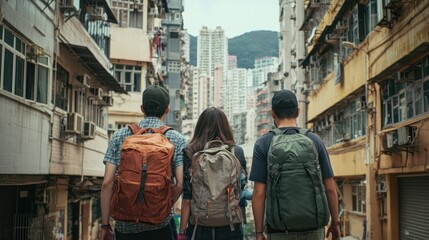 Fototapeta premium A group of friends walking through a scenic city street, carrying backpacks and exploring together.