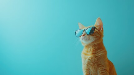 Fototapeta premium Ginger cat wearing sunglasses, striking a cool pose against a turquoise background, perfect for fun, fashion, and playful pet concepts