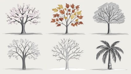Six Hand Drawn Trees Illustrating Seasonal Changes Spring Summer Autumn Winter and Tropical