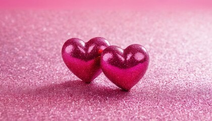Fototapeta premium Two Pink Glitter Hearts on Sparkling Background