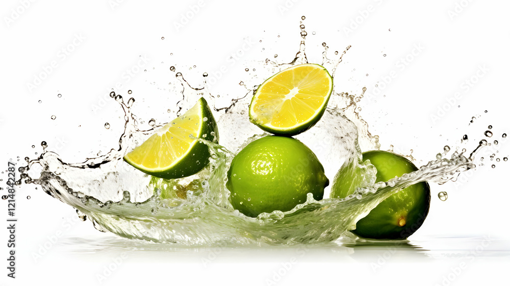 Poster fresh limes splashing into refreshing water on a white background dynamically