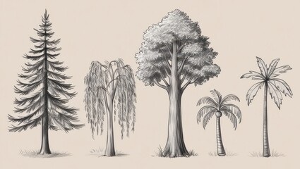 Fototapeta premium Collection of Hand Drawn Trees Conifer Weeping Willow Deciduous and Palm Trees Illustration