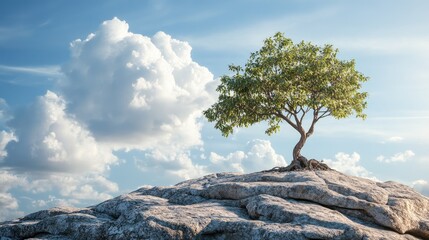 A tenacious tree rooted in rugged stone under a pristine sky, representing the enduring strength of nature.