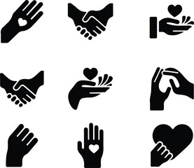 hands and heart icon set over white background, silhouette style, vector illustration