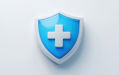 Fototapeta premium 3D icon of a shield with a plus symbol, featuring a clean white and blue color palette, isolated on a white background. 