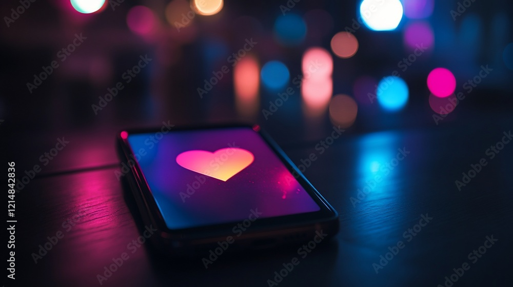 Poster a smartphone screen displays a vibrant heart symbol with a bokeh background