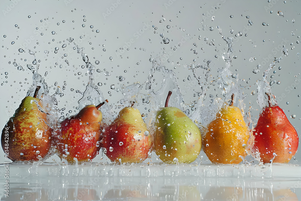 Poster ripe pears splashing into water on a gray background dynamically with water droplets and reflections