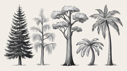 Obraz premium Hand Drawn Pencil Sketch of Various Tree Types Conifer Palm and Deciduous Trees