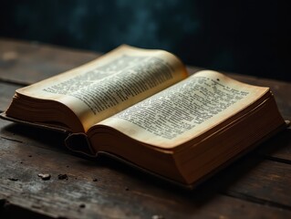 Fototapeta premium Ancient Magic Book on Wooden Table - Photorealistic Fantasy