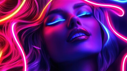 A digital artwork of a woman with neon lights in her hair and on her eyelashes, conveying a futuristic and vibrant mood