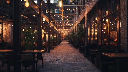 Fototapeta premium Vibrant Nightlife Scene: Row of Stacked Bars and Restaurants with Cinematic Canopy Lighting | Ultra-Detailed Urban Dining Experience