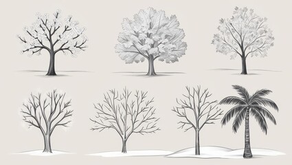 Hand Drawn Sketches of Diverse Trees Spring Summer Autumn Winter and Tropical
