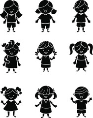 cartoon little girls icon set over white background, silhouette style, vector illustration